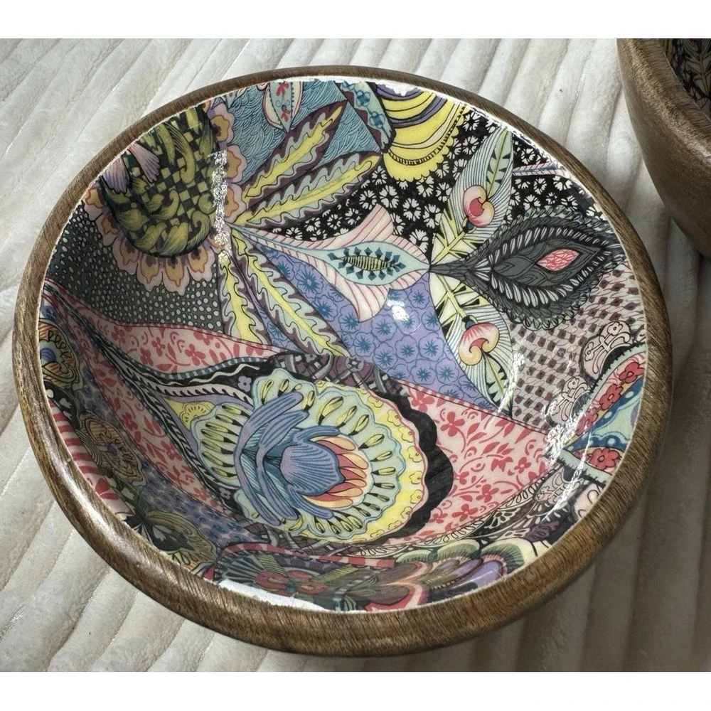 World Market Set of 2 Mango Wood Bowls Enamel Pattern 5.5